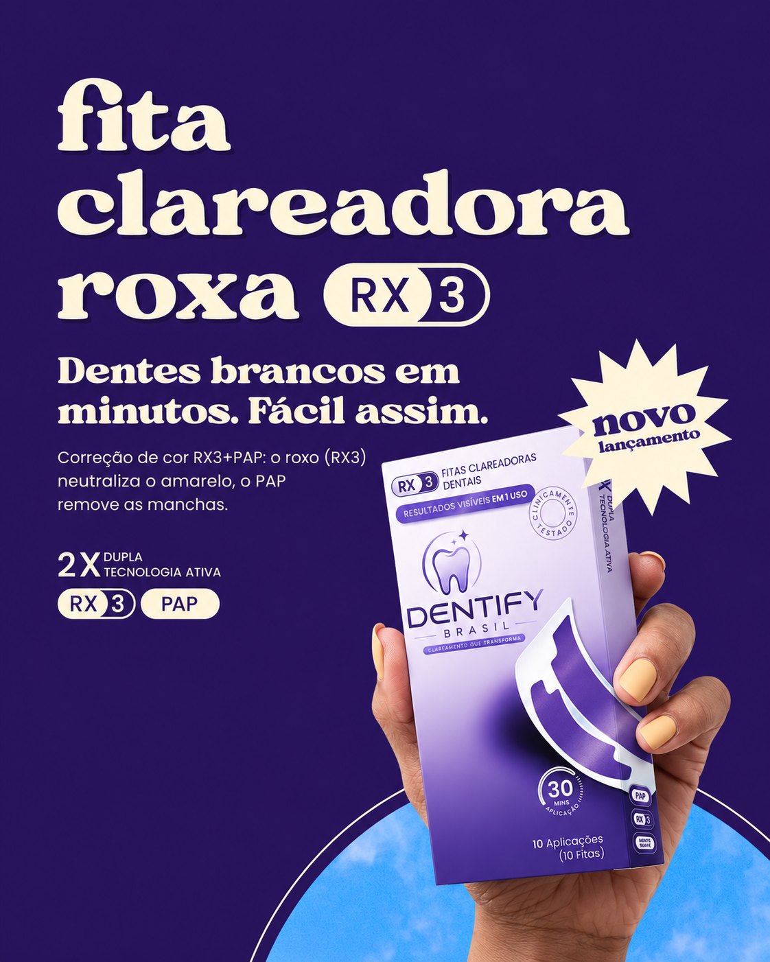 Fita Clareadora Roxa RX3 — Dentes brancos em minutos. Fácil assim.
